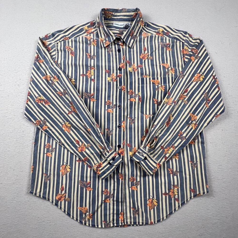 Cabin Creek Button Down Shirt Womens Large Blue Striped Fall Leaf Cottagecore